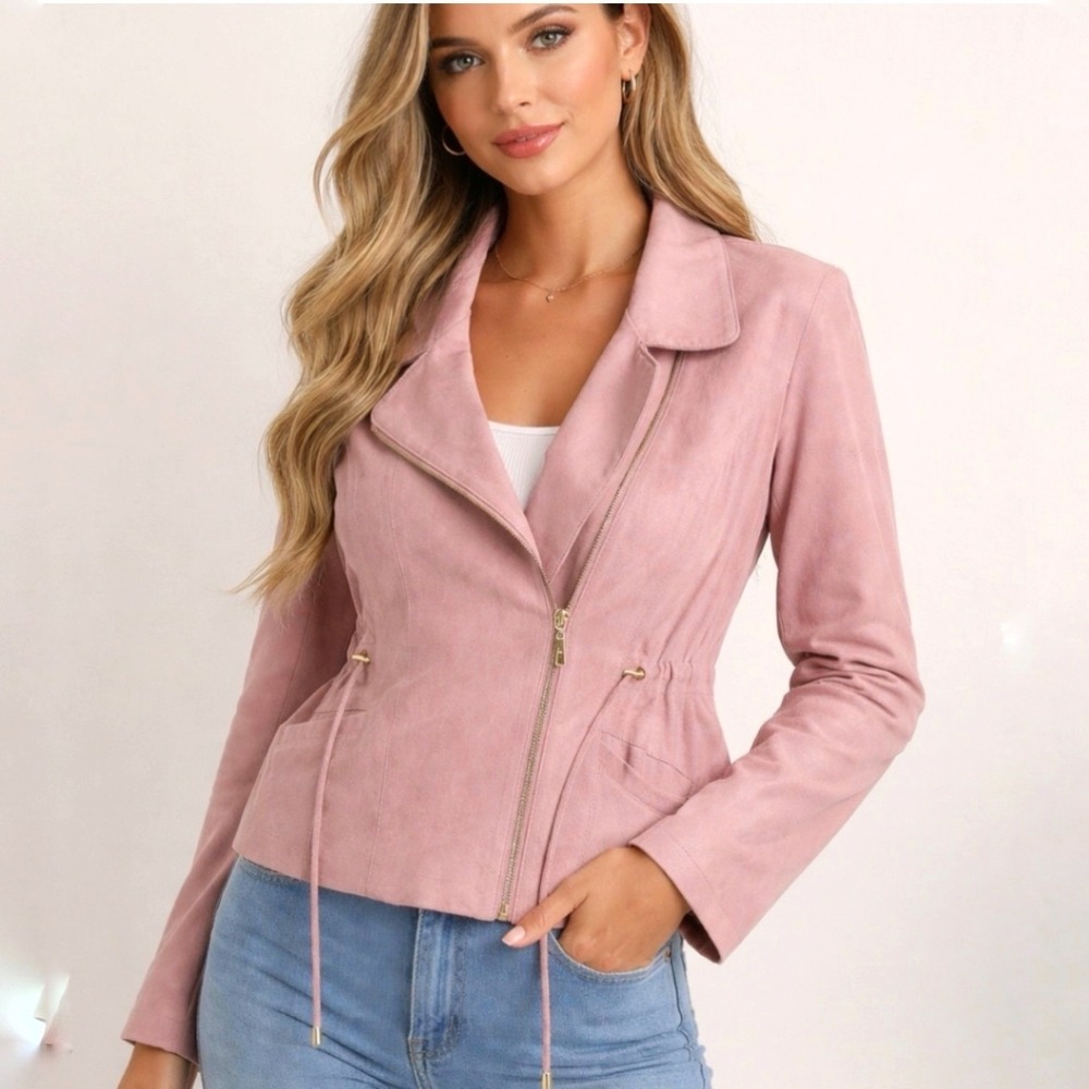 NWT IMAN Women's Pink Suede Leather Genuine Leather Motorcycle Jacket Size M